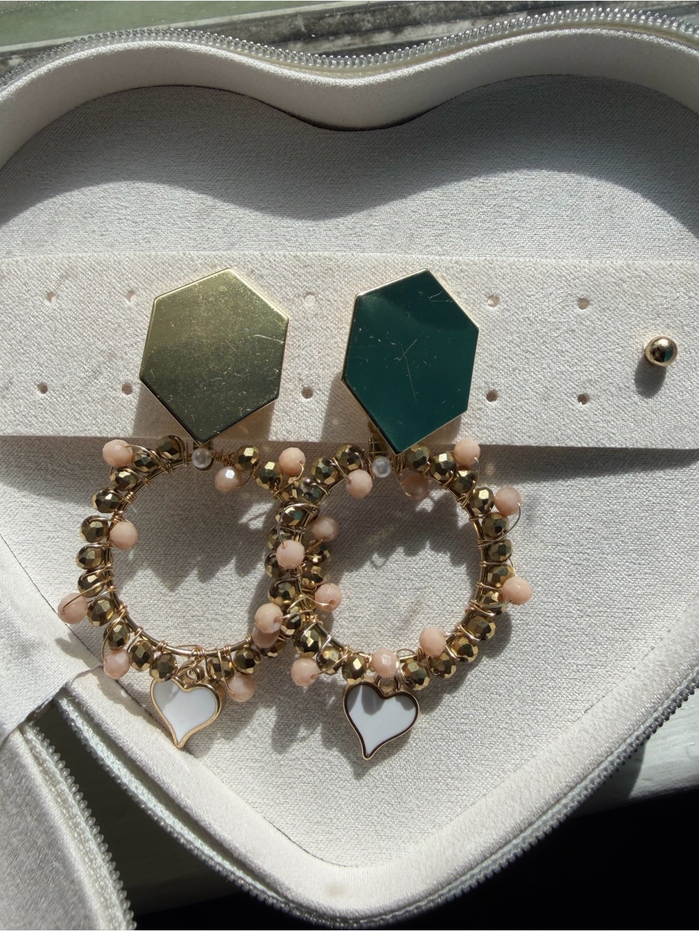 Handmade Gold Beaded Hoop Earrings White Heart Charm - Boho Statement